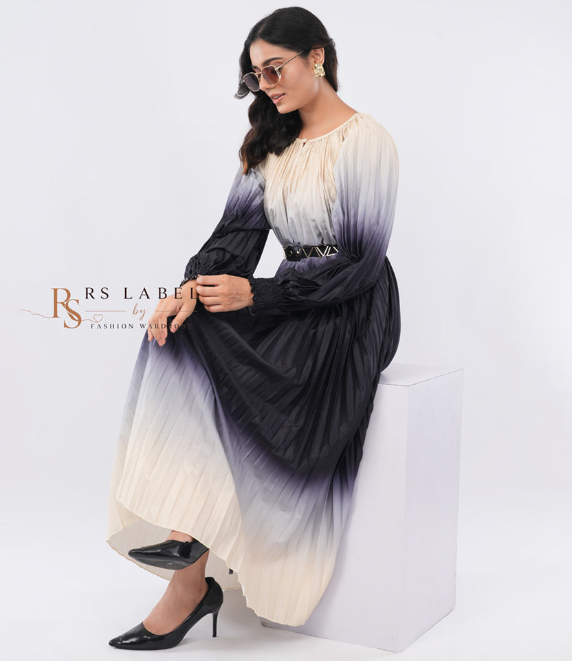 Black & Ivory Ombre Pleated Maxi Dress