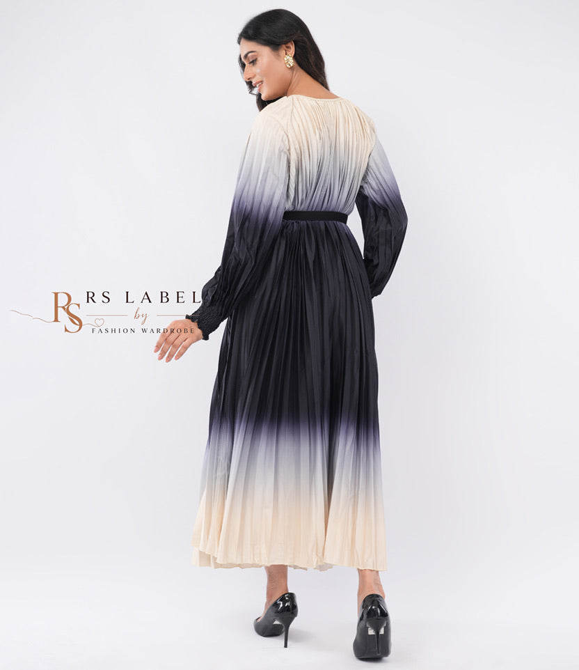 Black & Ivory Ombre Pleated Maxi Dress