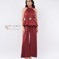 Maroon Satin Halter Peplum Top & Pants Co-ord Set - front view