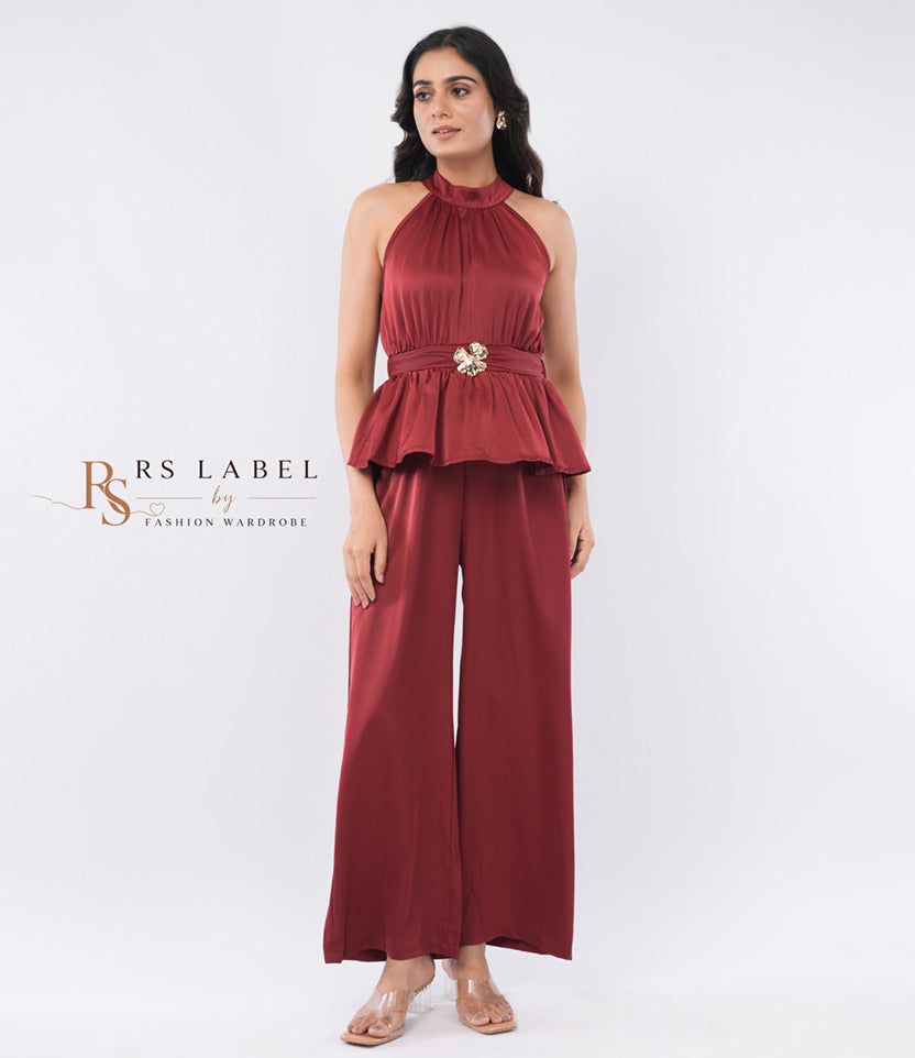 Maroon Satin Halter Peplum Top & Pants Co-ord Set - front view