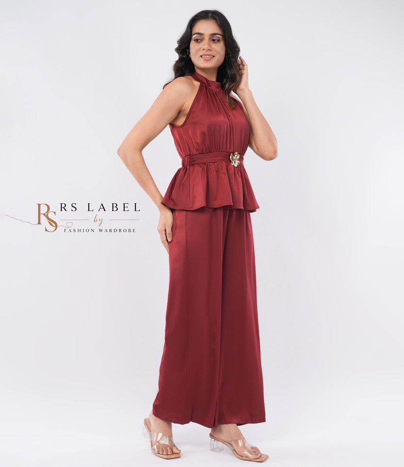 Wine Halter Peplum Top & Pants Co-ord Set