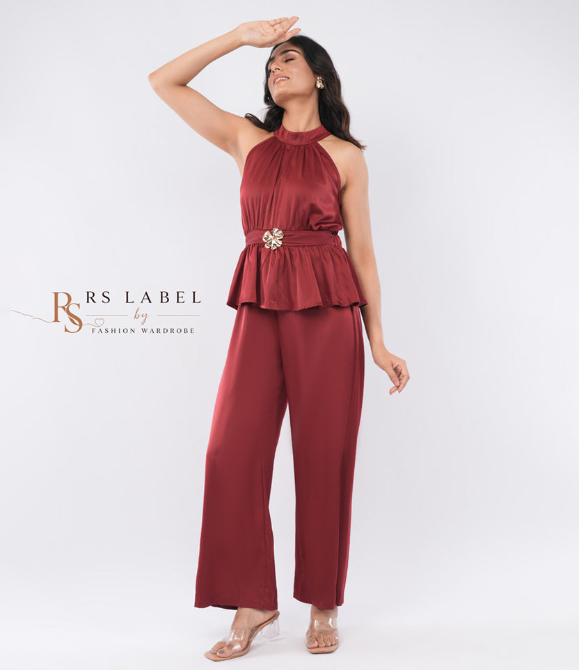 Maroon Satin Halter Peplum Top & Pants Co-ord Set - styled view
