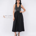 Black Denim Bodice Halter Fit & Flare Dress