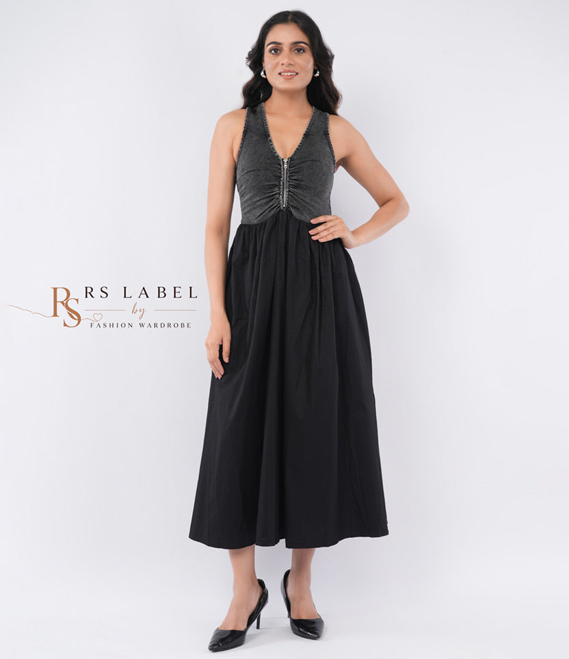 Black Denim Bodice Halter Fit & Flare Dress