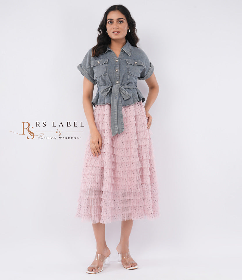 Grey Denim Tie-Waist Top & Pink Tulle Skirt Set (Batch 2)
