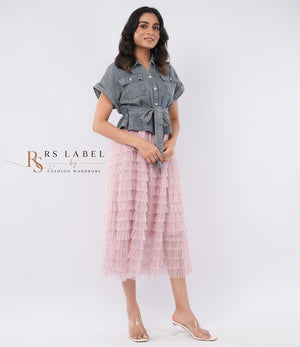 Grey Denim Tie-Waist Top & Pink Tulle Skirt Set (Batch 2)