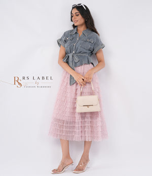 Grey Denim Tie-Waist Top & Pink Tulle Skirt Set