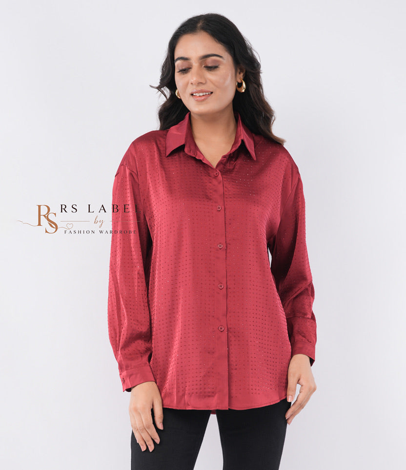 Wine Red Satin Button-Down Shirt