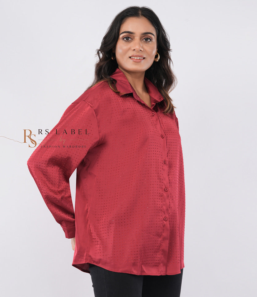 Wine Red Satin Button-Down Shirt