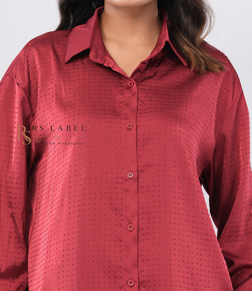 Maroon Satin Dot Rhinestone Shirt - close-up detail