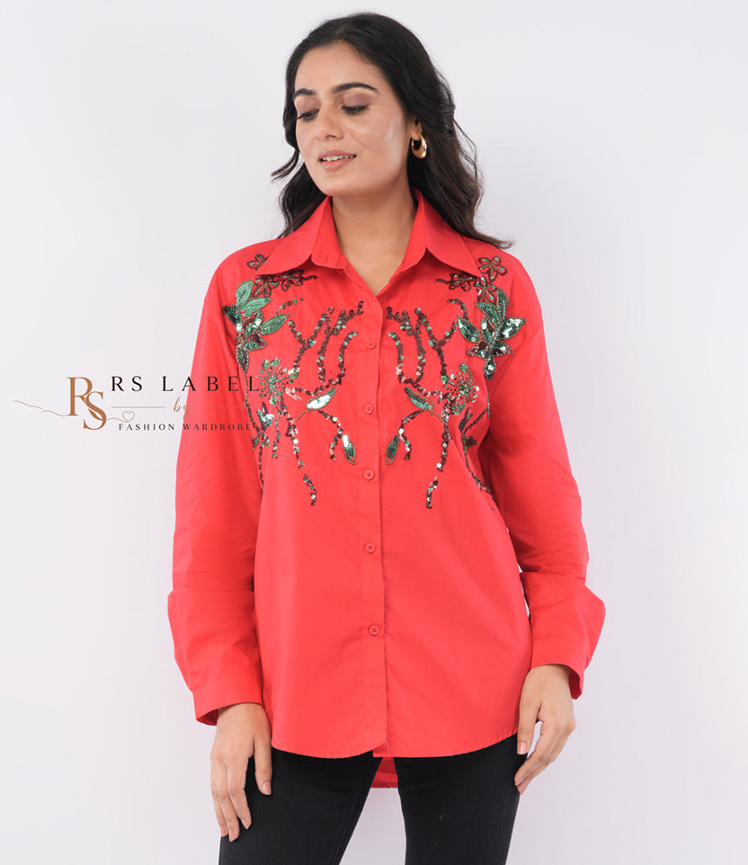 Red Coral Sequin Floral Embroidered Shirt - close-up detail