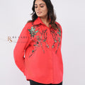 Red Coral Sequin Floral Embroidered Shirt - front view