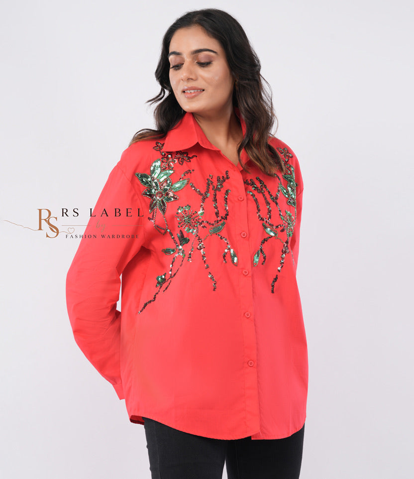 Red Coral Sequin Floral Embroidered Shirt - front view