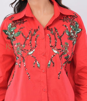 Red Coral Sequin Floral Embroidered Shirt - chest detail