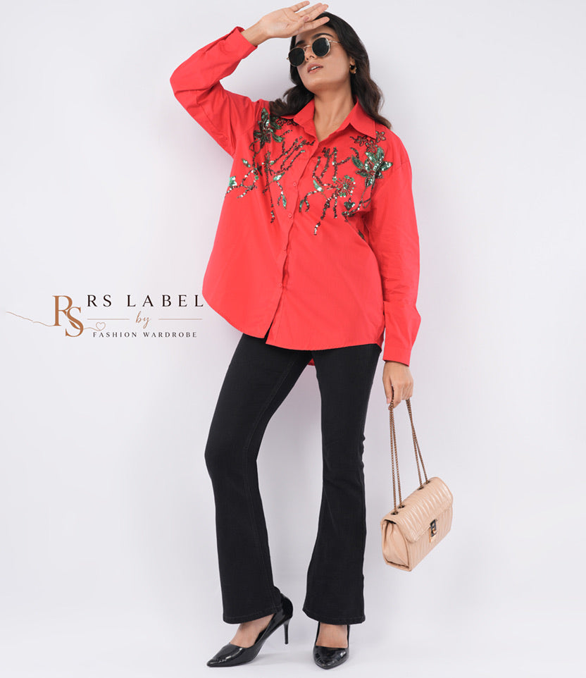 Red Coral Sequin Floral Embroidered Shirt - styled view