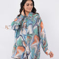 Multicolor Marble Print Shirt with Rhinestone Beads - front view