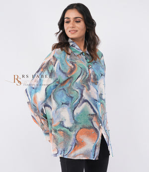 Multicolor Marble Print Shirt with Rhinestone Beads - close-up detail