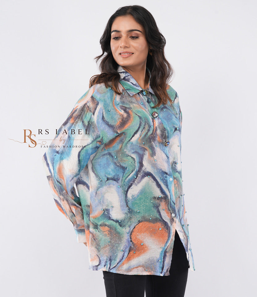 Multicolor Marble Print Shirt with Rhinestone Beads - close-up detail