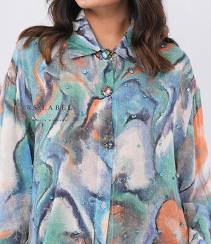 Multicolor Abstract Marble Print Embellished Shirt