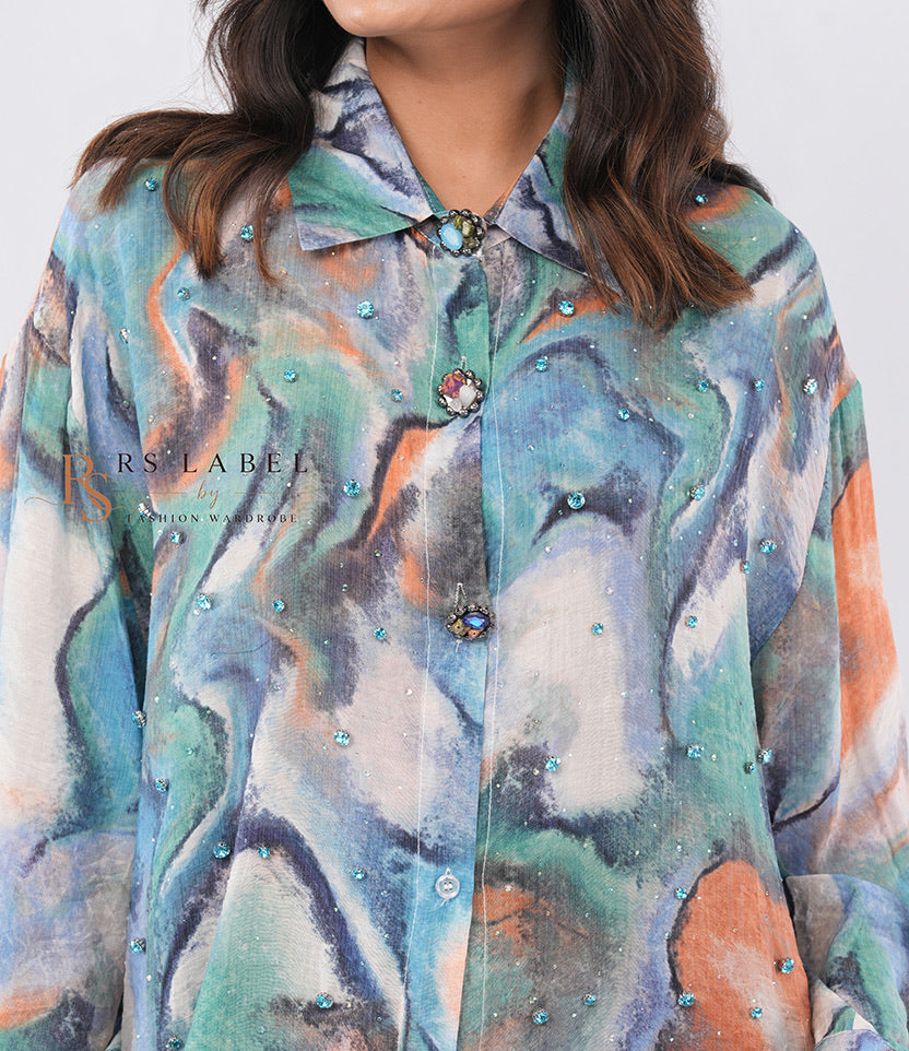 Multicolor Abstract Marble Print Embellished Shirt