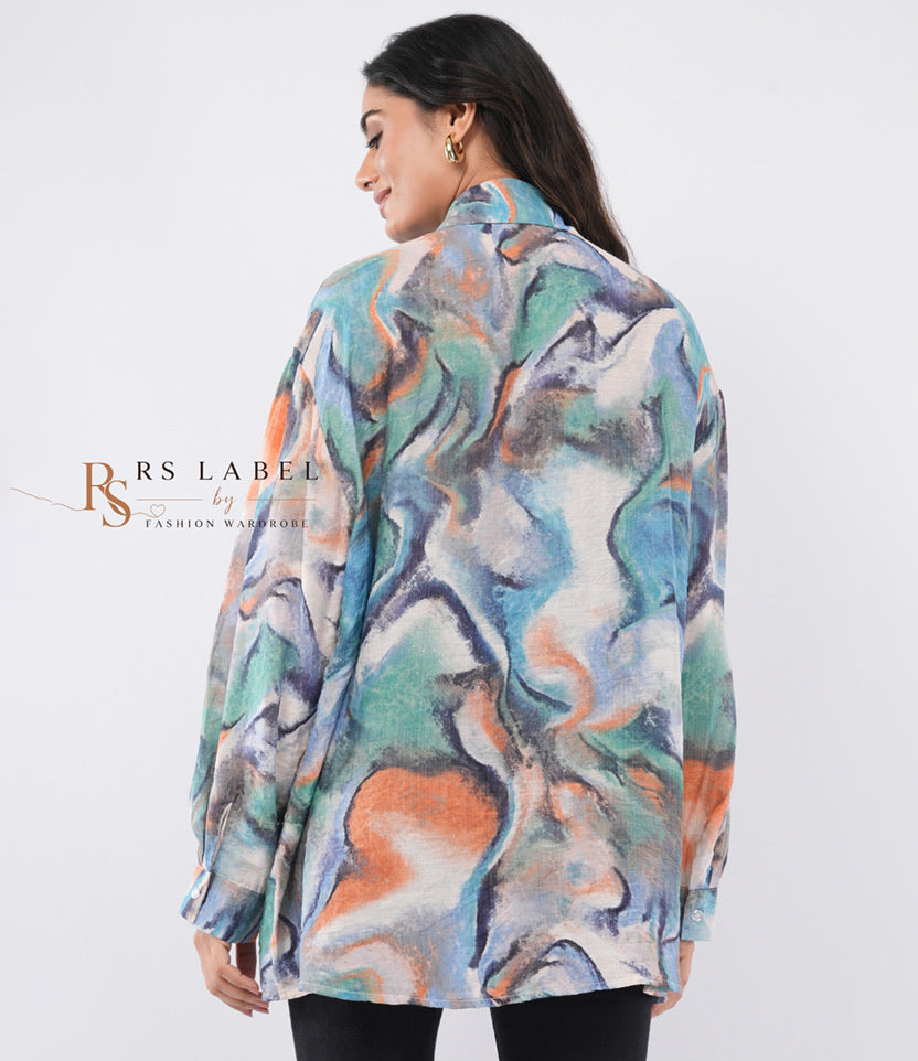 Multicolor Marble Print Shirt with Rhinestone Beads - back view
