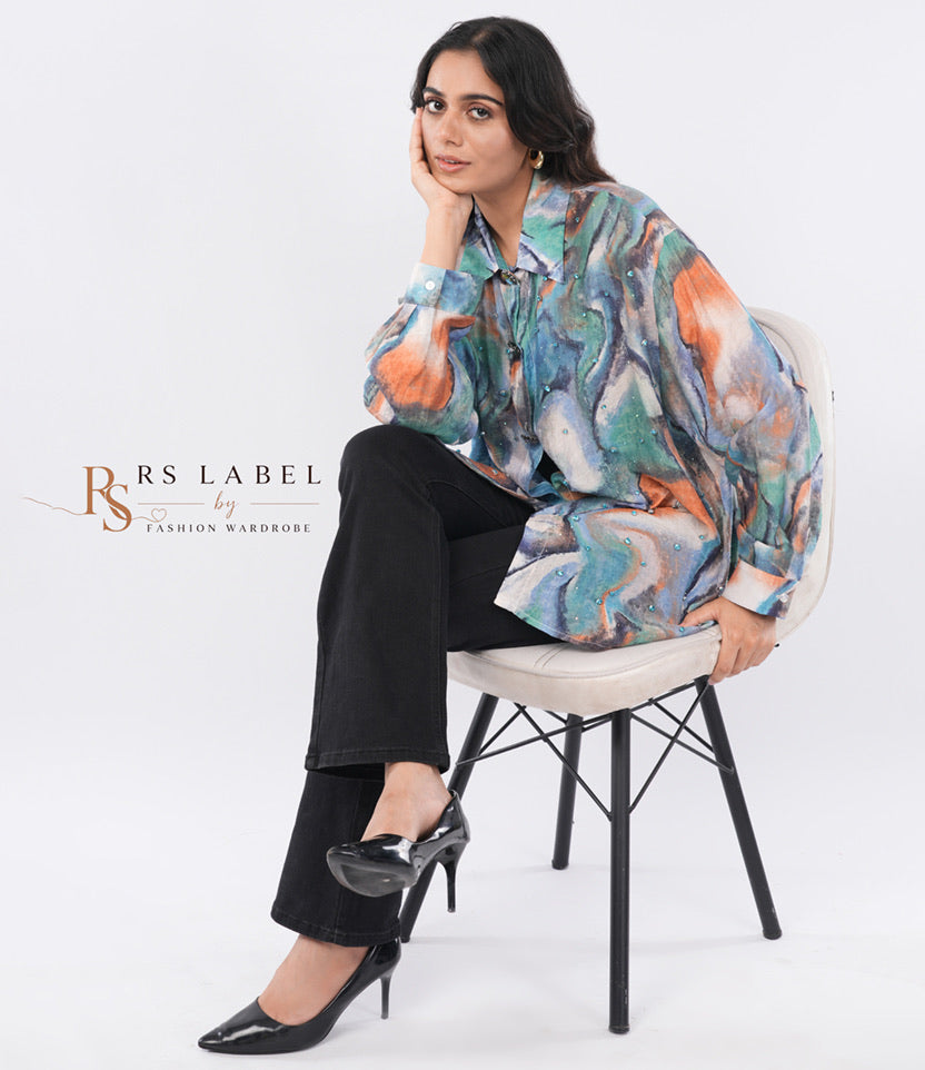 Multicolor Abstract Marble Print Embellished Shirt