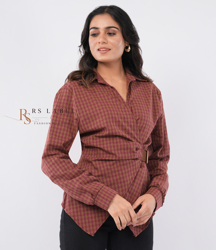 Brown Checkered Wrap Shirt with Belt (Batch 2)