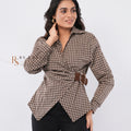 Brown Checkered Wrap Shirt with Belt