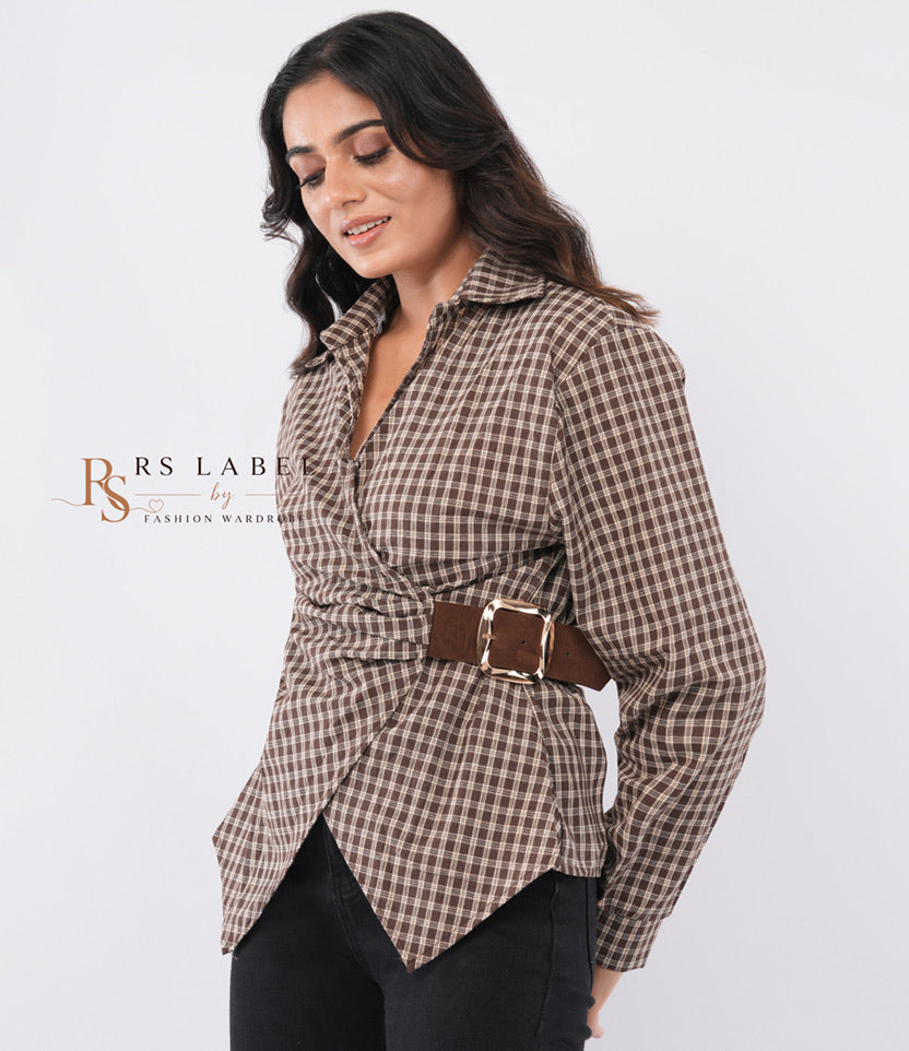 Brown Checkered Wrap Shirt with Belt