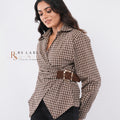 Brown Check Wrap Top with Belt