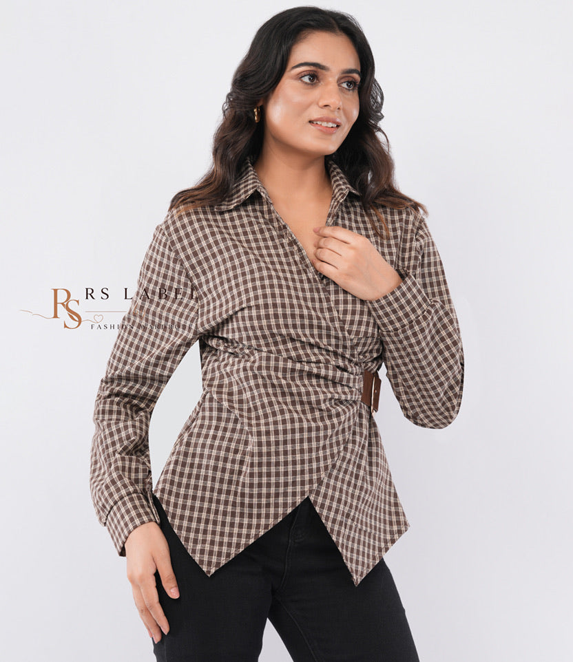 Brown Check Wrap Top with Belt