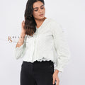 Mint Polka Dot Lace-Trim Peplum Blouse