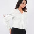 White Polka Dot Lace-Trim Peplum Blouse