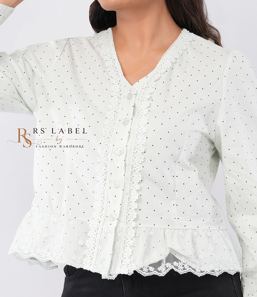 White Polka Dot Lace-Trim Peplum Blouse