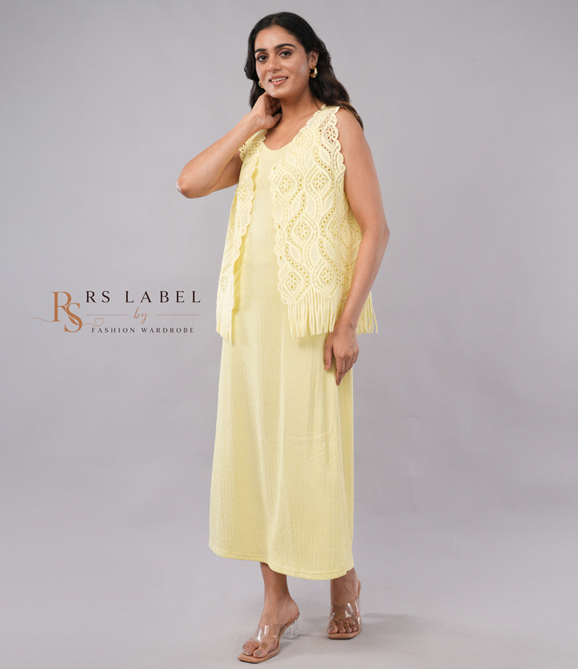 Yellow Crochet Lace Vest & Maxi Dress Set