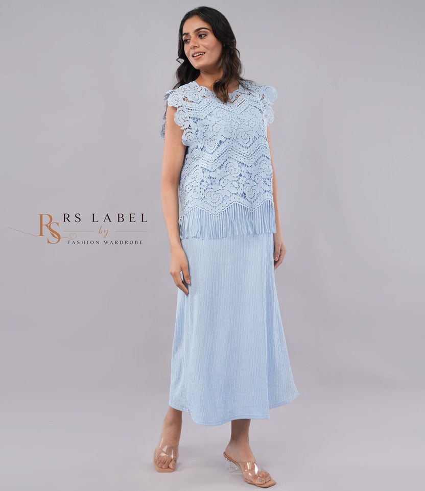 Light Blue Lace Fringe Top & Skirt Set (Batch 2)