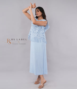Light Blue Lace Fringe Top & Skirt Set (Batch 2)
