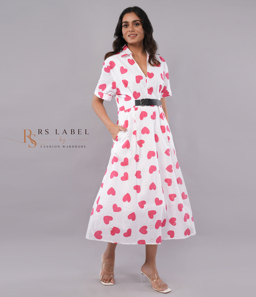 White Pink Heart Print Belted Shirt Dress