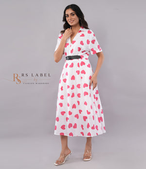 White Pink Heart Print Belted Shirt Dress