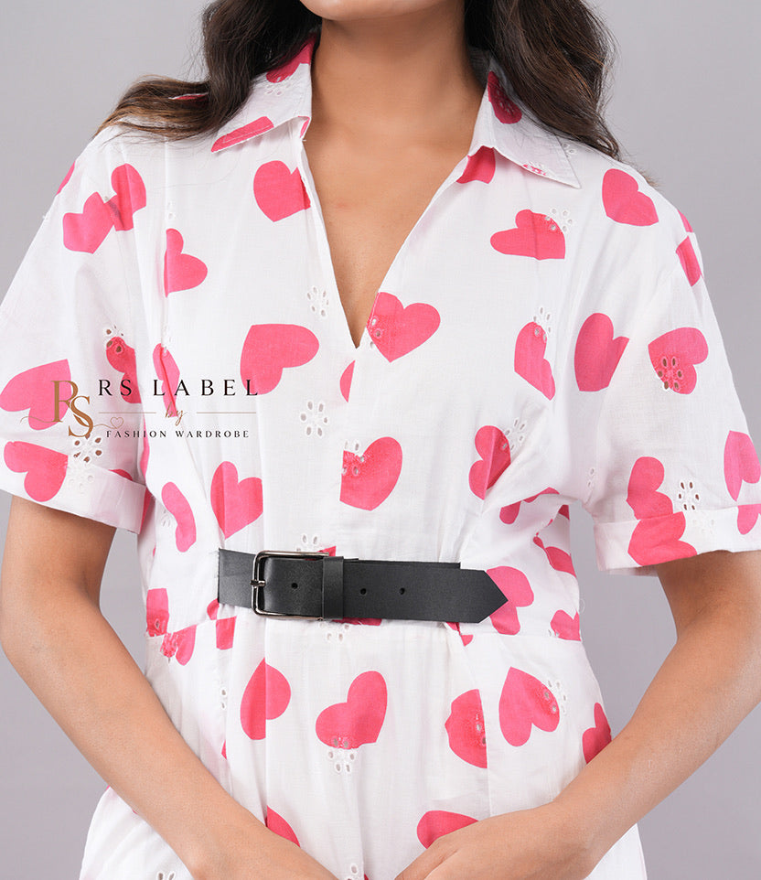 Pink Heart Print Shirt Dress with Belt