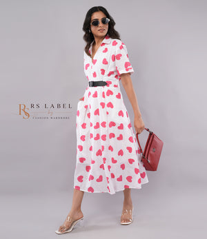 Pink Heart Print Shirt Dress with Belt