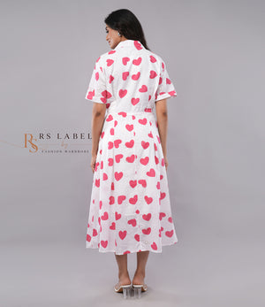 Pink Heart Print Shirt Dress with Belt