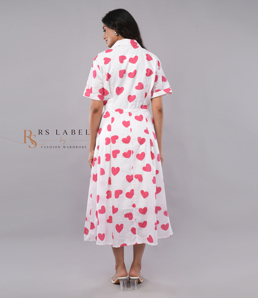 Pink Heart Print Shirt Dress with Belt