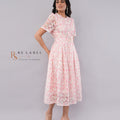 Pink Floral Lace Belted Midi Dress - side view