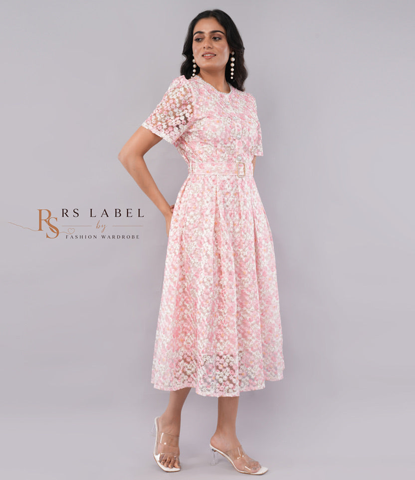 Pink Floral Lace Belted Midi Dress - side view