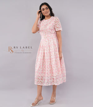 Pink Floral Lace Pleated Belted Dress
