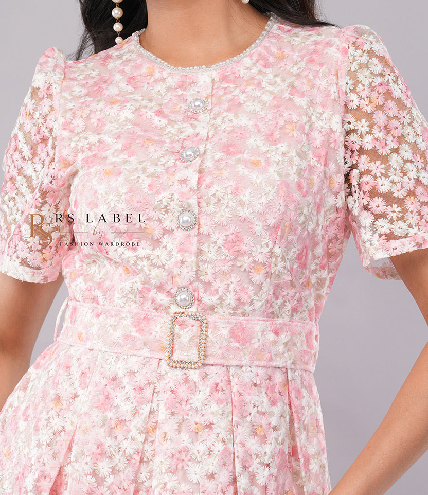 Blush Pink Floral Lace Pearl-Trim Dress