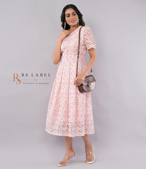 Pink Floral Lace Belted Midi Dress - front view