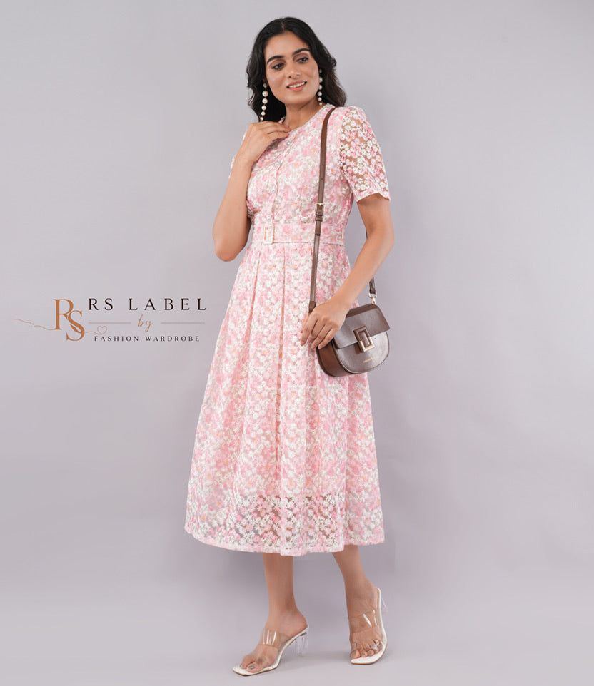 Pink Floral Lace Belted Midi Dress - front view