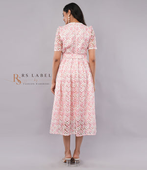 Pink Floral Lace Belted Midi Dress - back view